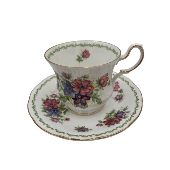 Queens Special Flowers Fine Bone China Cup & Saucer Anemone July Design - Picture 1 of 7
